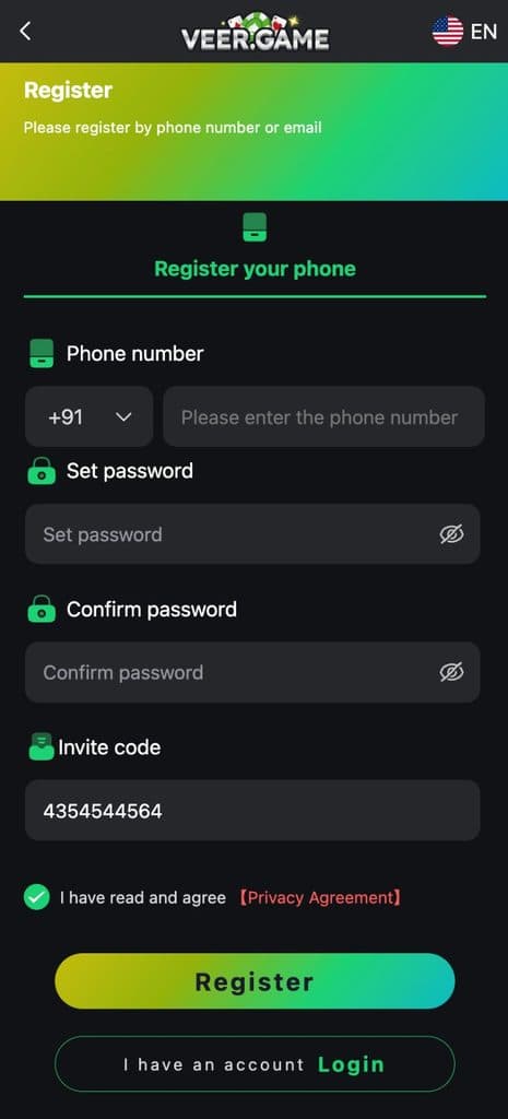 Veer Game Android Mobile App Interface